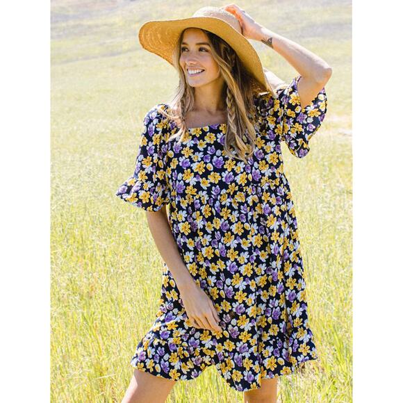 Navy Floral Puff Sleeve Tunic Dress - Picture 1 of 4
